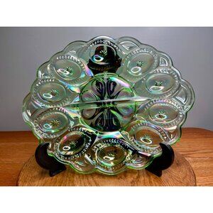 LE Smith Moon and Star Mint Green Carnival Glass Deviled Egg Plate